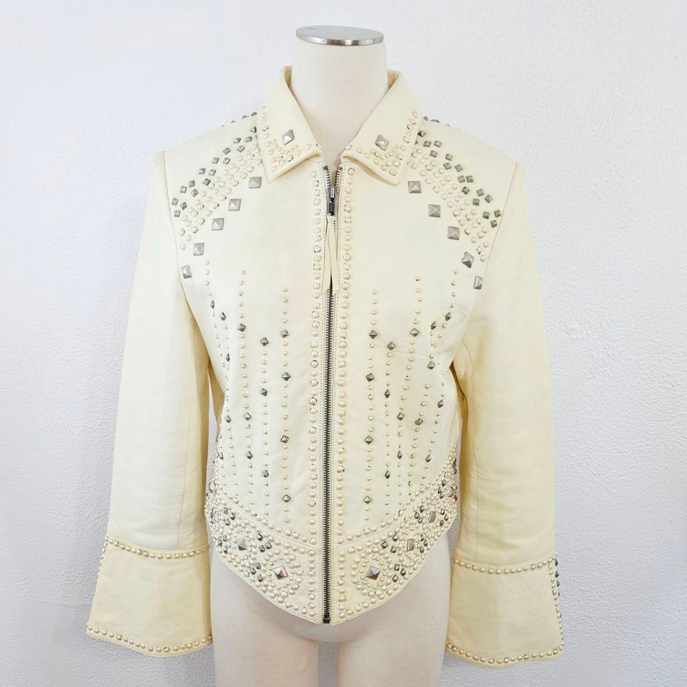 Double D Ranch studded ivory leather biker jacket distressed western size medium - Picture 2 of 13